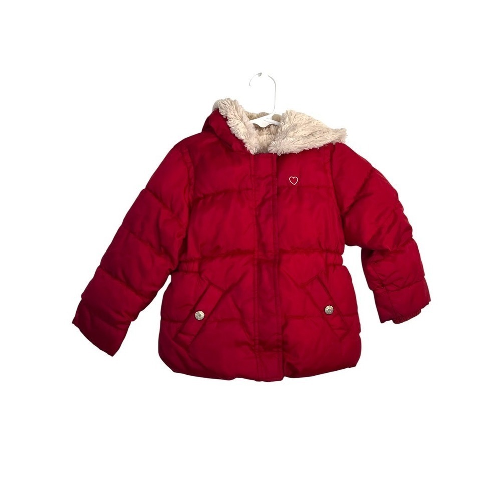 Old Navy Girls Red Puffer Jacket Faux Fur Hood Heart Fleece Lined Coat - Size 4T